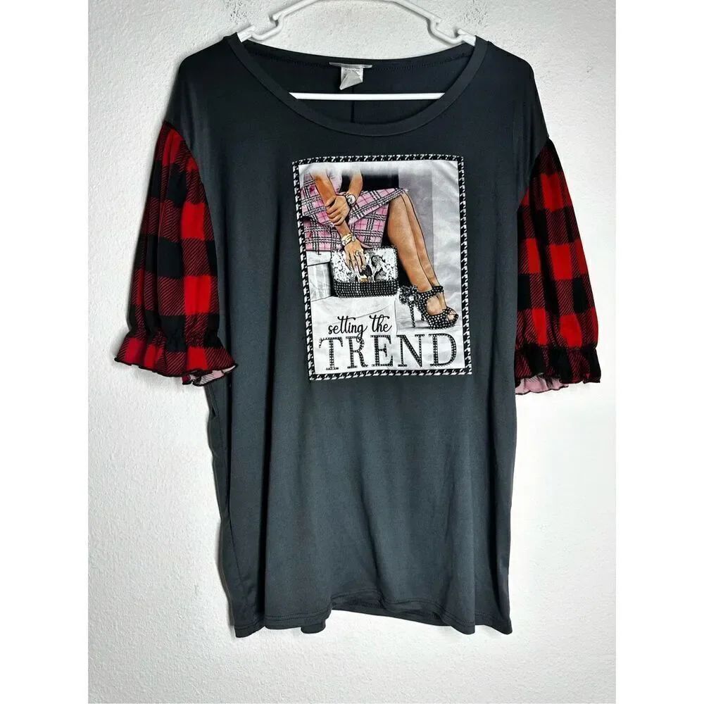 Davida Women’s Ruffle Plaid Sleeve Gray Top Setting The Trend Rhinestone Size3XL